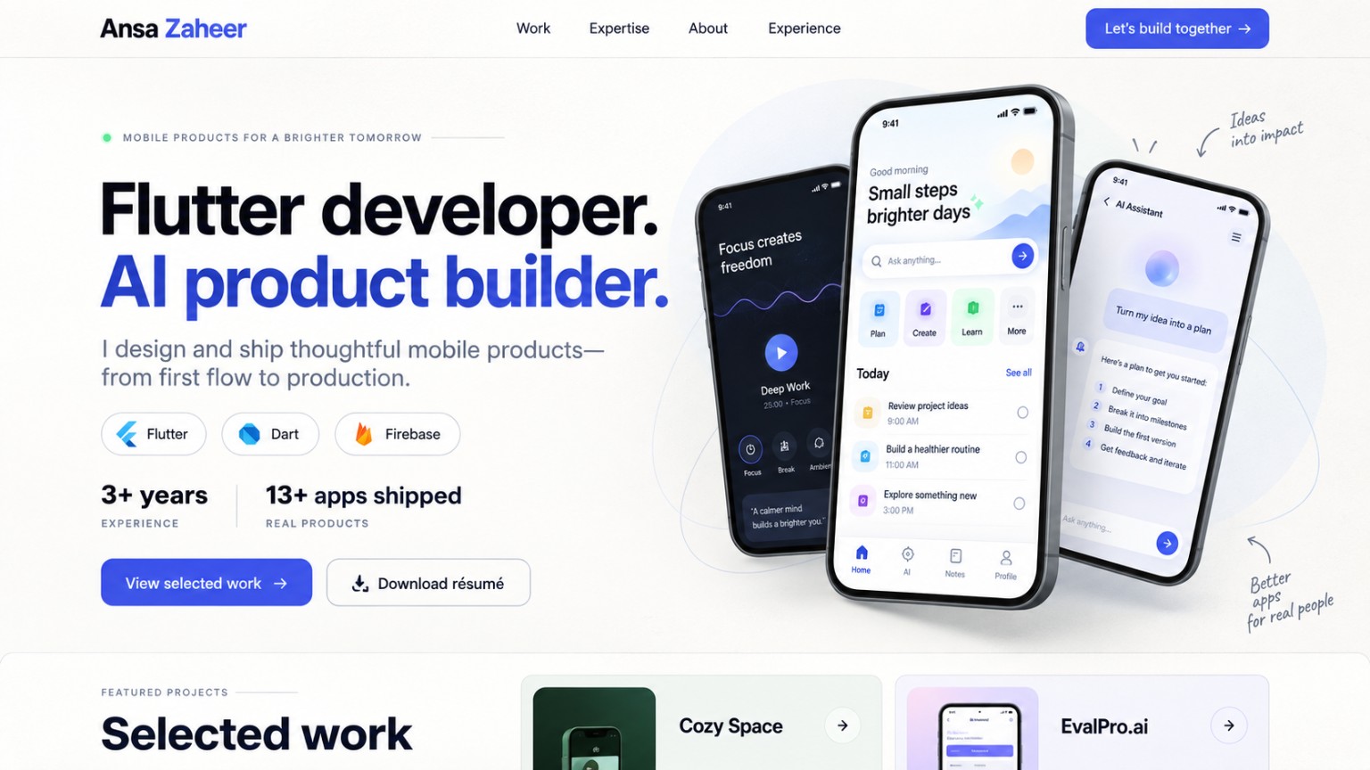 Three overlapping phone concepts from the approved design, showing a focus app, a daily planner and an AI assistant.